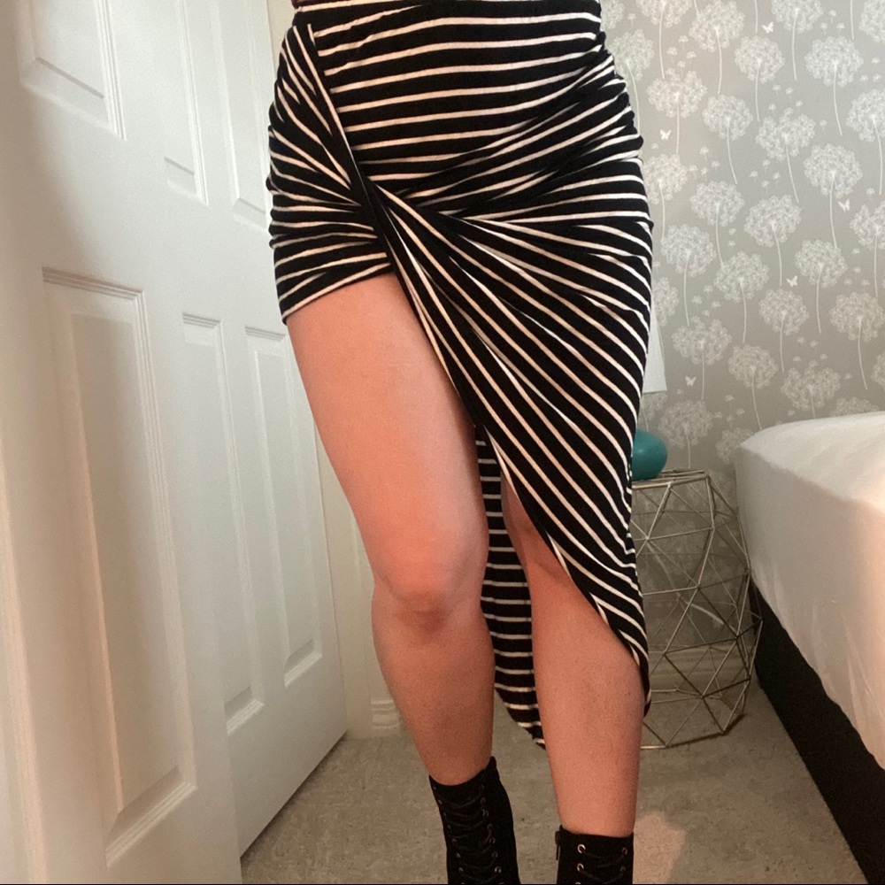 Black Stripe Twist Wrap Front Skirt